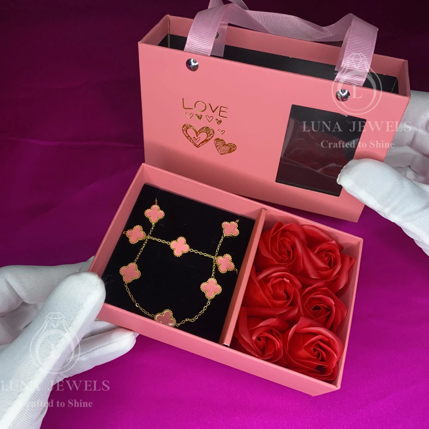 Collier et Bracelet Trèfles Roses