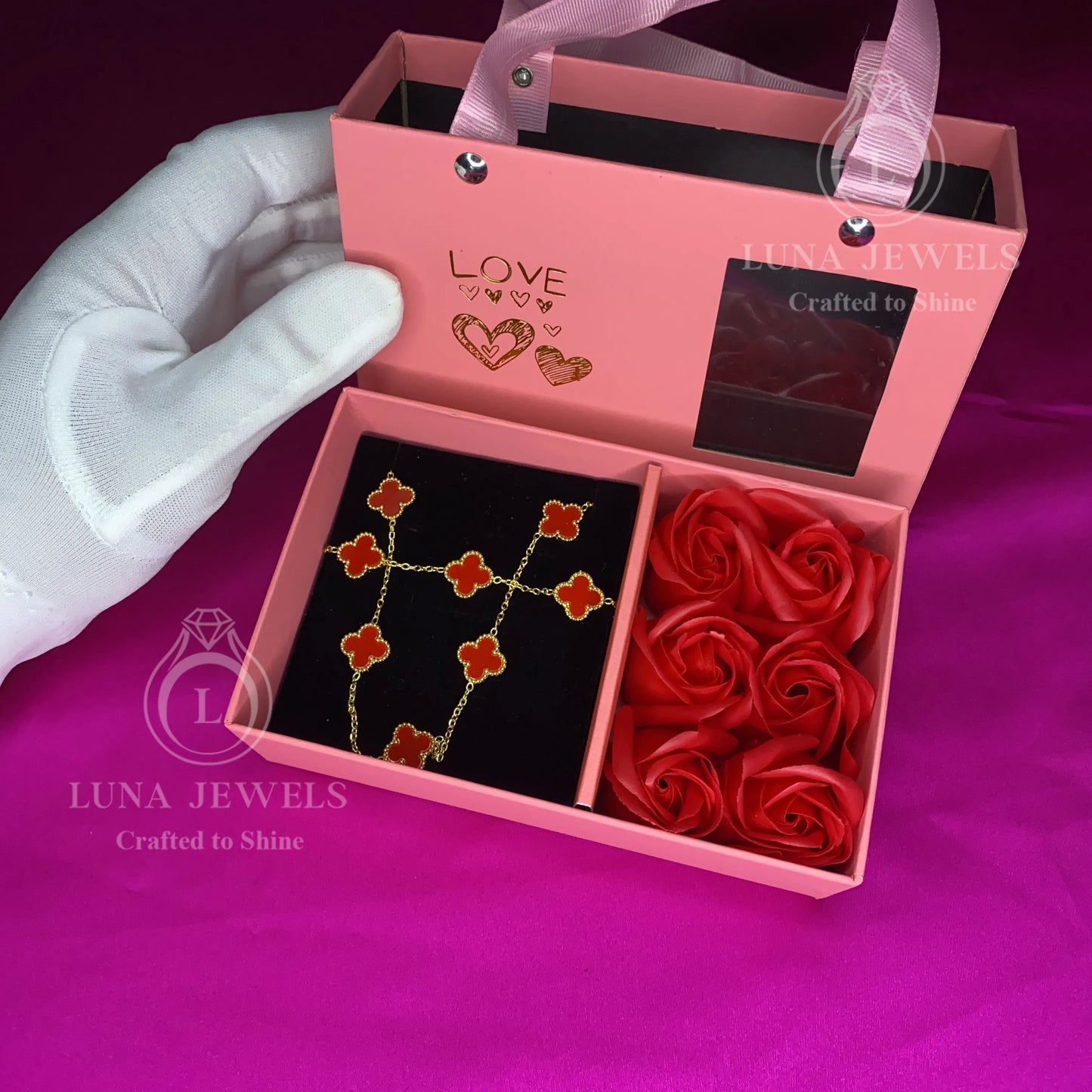 Collier et Bracelet Trèfles Rouges